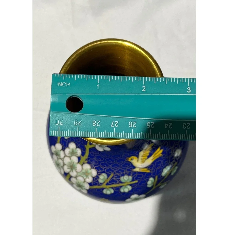 Vintage‎ Chinese Cloisonne Enamel Vase Cobalt Blue Cherry Blossom Bird 8 Inch